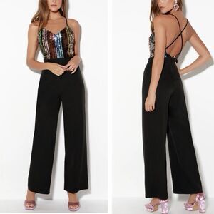Lush Shine and Dandy Black Multi Rainbow Sequin Jumpsuit Sleeveless Medium